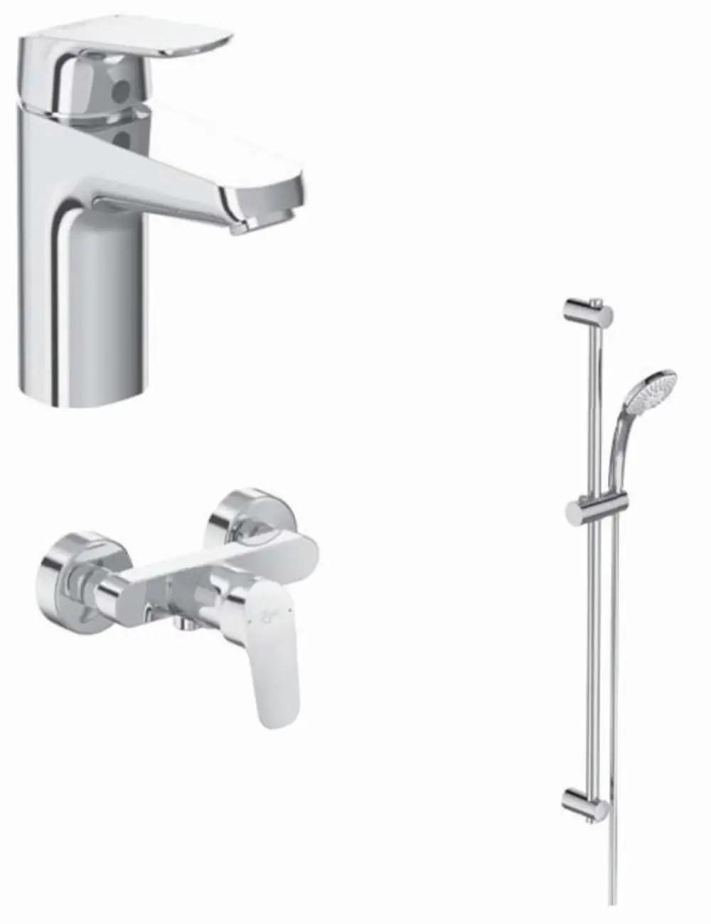 Armaturenpaket von Ideal Standard in Chrom, bestehend aus Waschbecken-Armatur, Wandthermostat und Handbrausekombination.